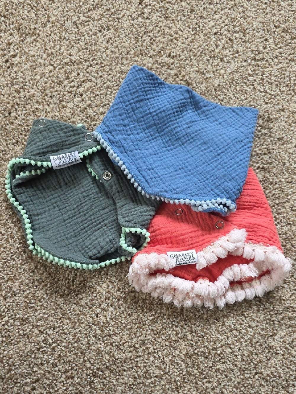 Bandana Style Bib - Blue, Green, Coral - Charley Charles - Cotton Muslin